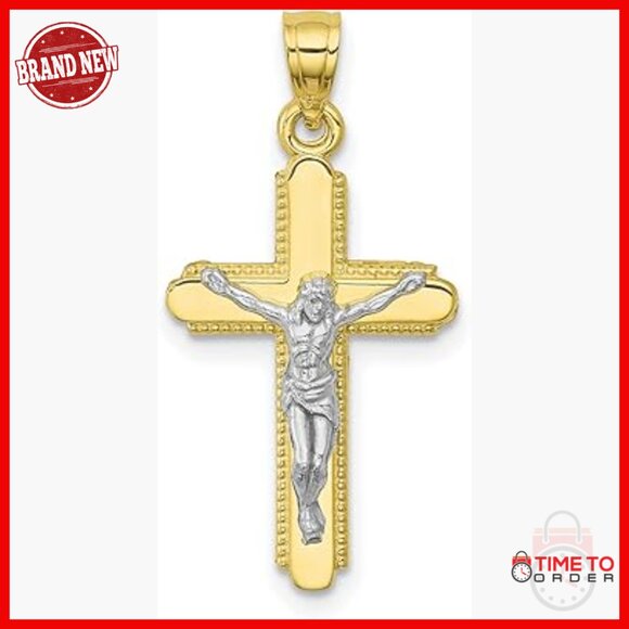 Jewelry - 10k Yellow Gold Crucifix Pendant with Rhodium Detail, 21x13mm, Religious Jewelry